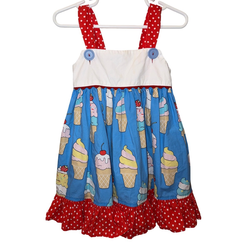 Eleanor Rose Clementine Ice Cream Polka Dot Ruffle Dress Girls Size 3-4 Blue Red